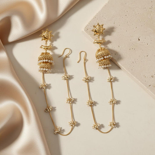 Jhumka earrings with a Sahare chain.