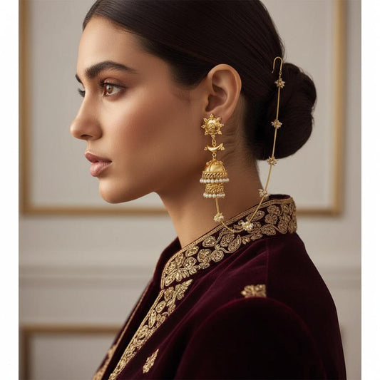 Jhumka earrings with a Sahare chain.