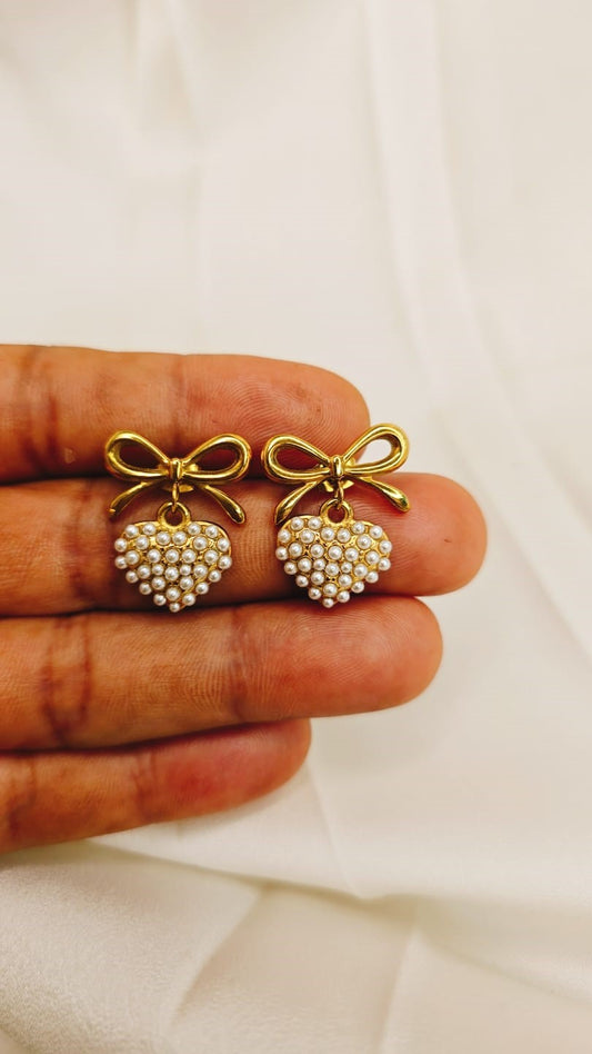 Gold Ribbon Pearl Earrings