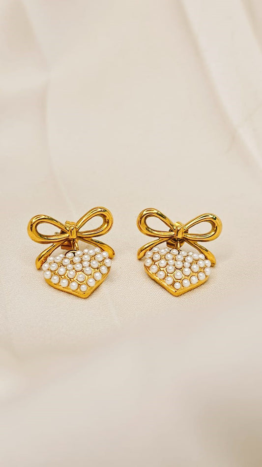 Gold Ribbon Pearl Earrings